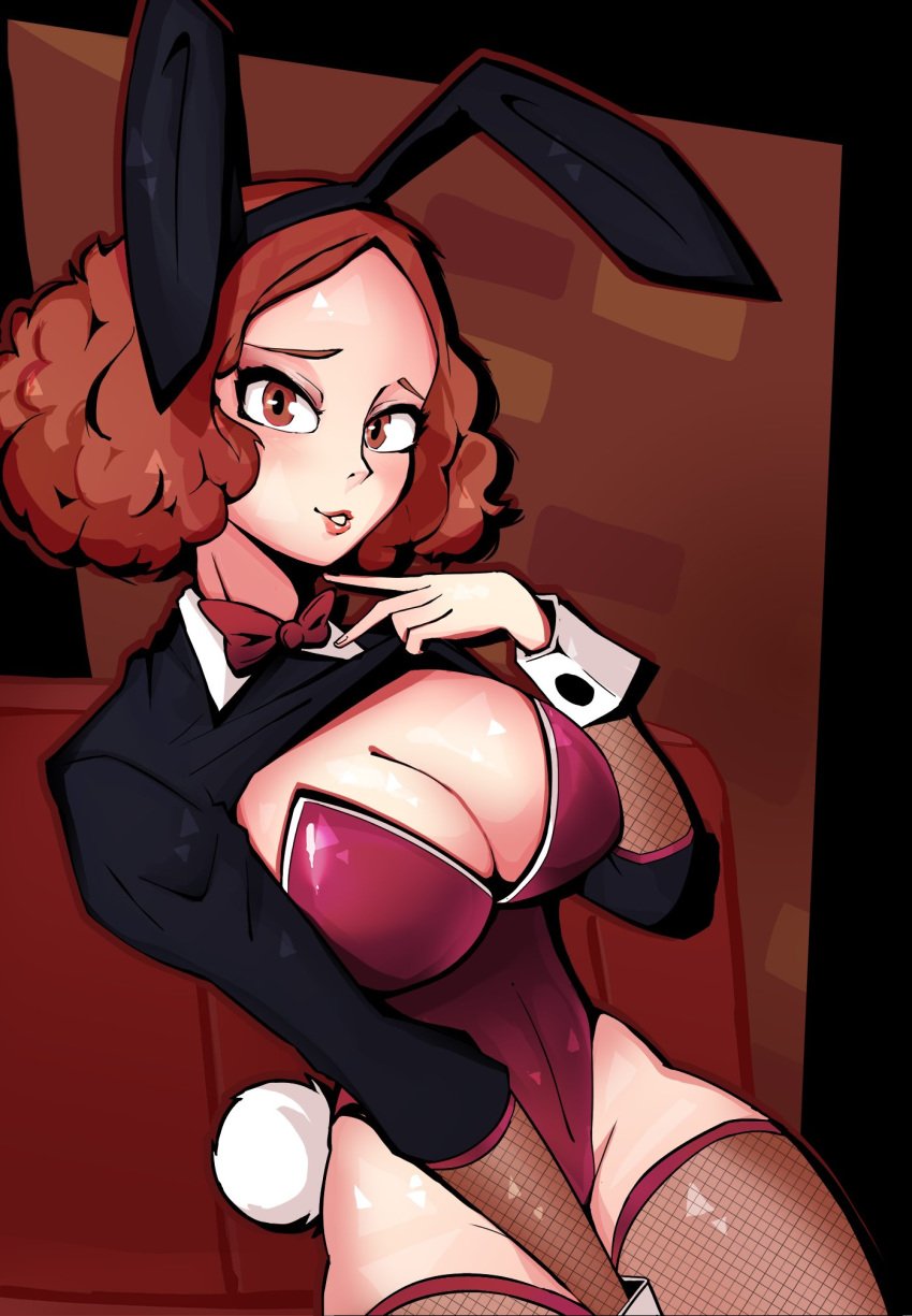 1girls 2020 aidancore big_breasts breasts brown_hair bunny_ears bunnygirl bunnysuit cleavage curvy female female_only fluffy_hair haru_okumura looking_at_viewer persona persona_5 short_hair solo white_skin wide_hips