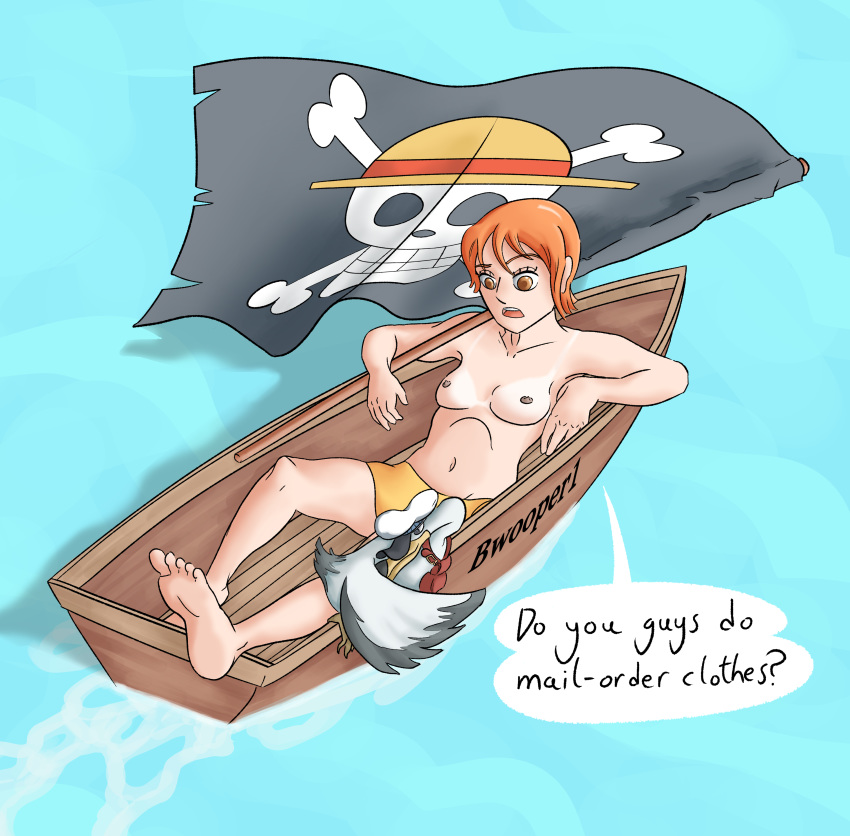 1girls boat bwooper1 english english_text female female_focus female_only flag human humor jolly_roger_(one_piece) nami news newspaper one_piece orange_hair sea seagull short_hair shorts shounen_jump straw_hats_pirates_jolly_roger tanline tanlines text text_bubble topless