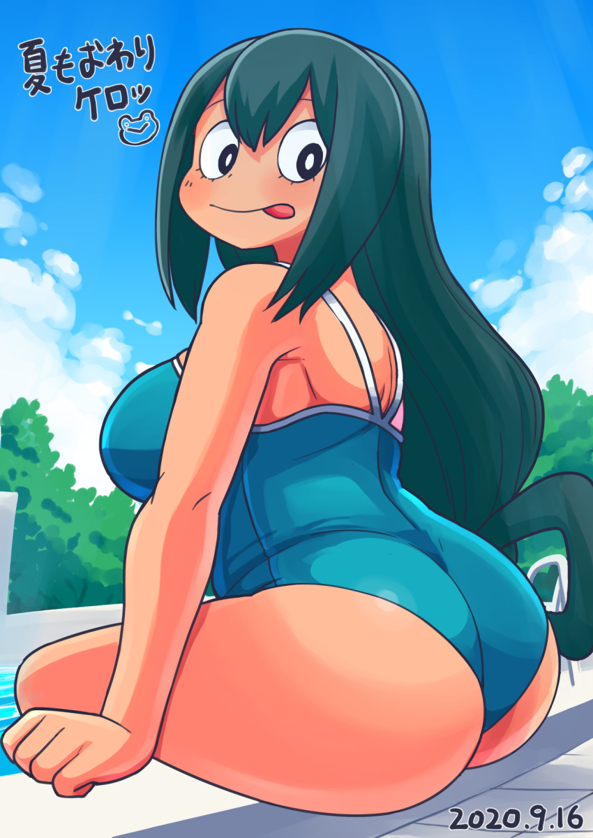 ass big_breasts chubby clothed_female female female_focus female_only green_hair leonardo_16sei long_hair looking_at_viewer looking_back my_hero_academia one-piece_swimsuit reonarudo16sei school_swimsuit solo solo_female solo_focus swimsuit tsuyu_asui