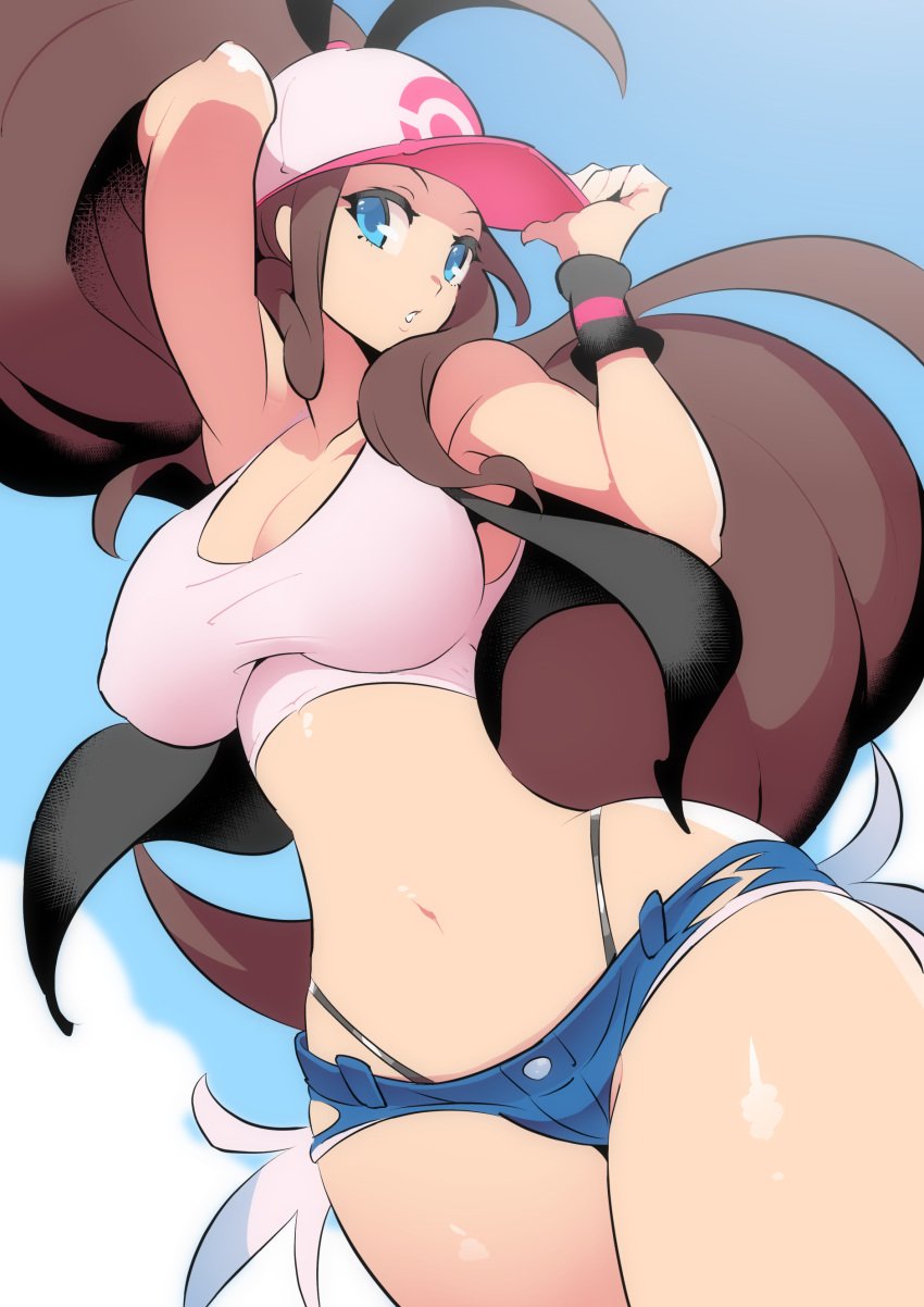 1girls ass bag bare_legs baseball_cap black_vest blue_eyes breasts brown_hair curly_hair cutoffs denim denim_shorts exposed_pocket female female_protagonist hat high_ponytail high_resolution hilda_(pokemon) large_breasts legs long_hair nac000 nintendo pokemon pokemon_bw ponytail shirt short_shorts shorts sidelocks sitting sleeveless sleeveless_shirt solo thighs tied_hair very_high_resolution vest white_shirt wristband