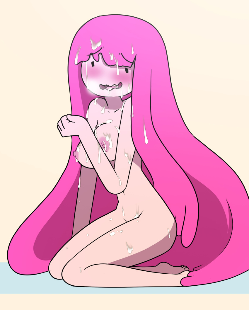 1girls adventure_time aunt_maire blush breast_squish breasts cum cum_on_body drpizzaboi1 female kneeling nipples nude pink_hair princess_bubblegum solo solo_female