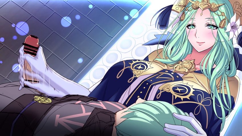 1boy 1girls byleth_(fire_emblem) byleth_(fire_emblem)_(male) censor_bar fire_emblem fire_emblem:_three_houses green_eyes green_hair handjob huge_breasts large_breasts long_hair nabatean_(fire_emblem) nintendo nursing_handjob penis_grab rhea_(fire_emblem) rhealeth saijou_satoru wardrobe