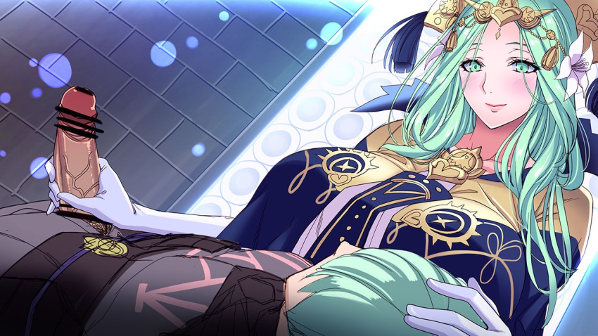 1boy 1girls byleth_(fire_emblem) byleth_(fire_emblem)_(male) censor_bar fire_emblem fire_emblem:_three_houses green_eyes green_hair handjob huge_breasts large_breasts long_hair nabatean_(fire_emblem) nintendo nursing_handjob penis_grab rhea_(fire_emblem) rhealeth saijou_satoru wardrobe