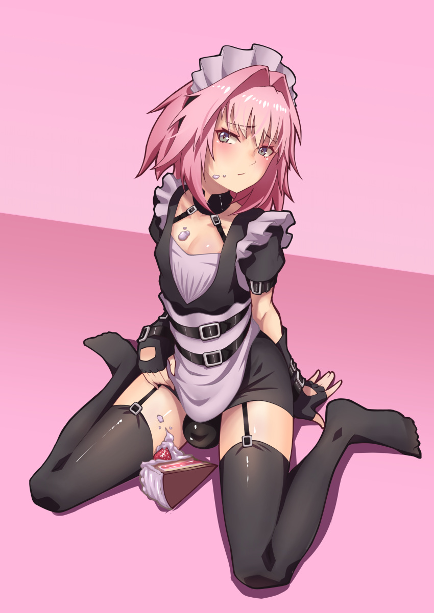 1boy androgynous astolfo_(fate) balls_in_panties cake choker cream fate/grand_order fate_(series) femboy flat_chest girly hej maid maid_headdress maid_uniform male male_only pale-skinned_male pale_skin panty_bulge penis_bulge pink_background pink_hair purple_eyes short_hair solo thighhighs