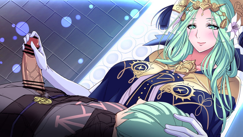 1boy 1girls byleth_(fire_emblem) byleth_(fire_emblem)_(male) censor_bar fire_emblem fire_emblem:_three_houses green_eyes green_hair handjob huge_breasts large_breasts long_hair nabatean_(fire_emblem) nintendo nursing_handjob penis_grab rhea_(fire_emblem) rhealeth saijou_satoru wardrobe