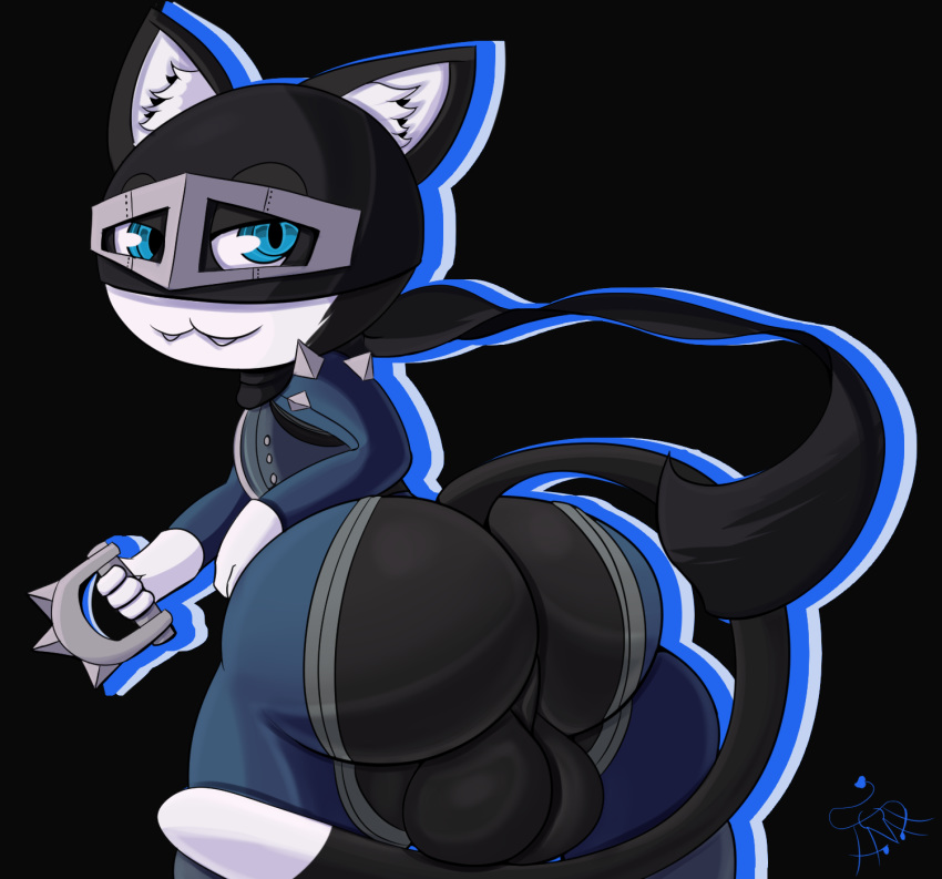 2020 alternate_costume anthro ass atlus backsack balls big_balls big_butt black_background black_balls black_body black_fur blue_bottomwear blue_clothing blue_eyes blue_topwear bottomwear brass_knuckles clothing clothing_swap cosplay dipstick_tail domestic_cat fangs felid feline felis fur genitals grey_mask hi_res huge_butt human inner_ear_fluff leaning leaning_forward looking_at_viewer makoto_niijima male male_only mammal mask megami_tensei megami_tensei_persona melee_weapon morgana_(persona) multicolored_tail not_safe_for_reality pale_skin perineum persona persona_5 phantom_thief_suit presenting presenting_hindquarters rear_view simple_background solo spiked_clothing topwear tuft video_games weapon white_body white_fur white_inner_ear