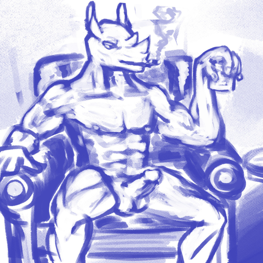 1:1 alcohol anthro balls beverage chair cigar furniture genitals hi_res humanoid_genitalia humanoid_penis male male_only mammal muscular muscular_anthro muscular_male nipples nude number3p penis rhinocerotoid sitting smoke smoking solo