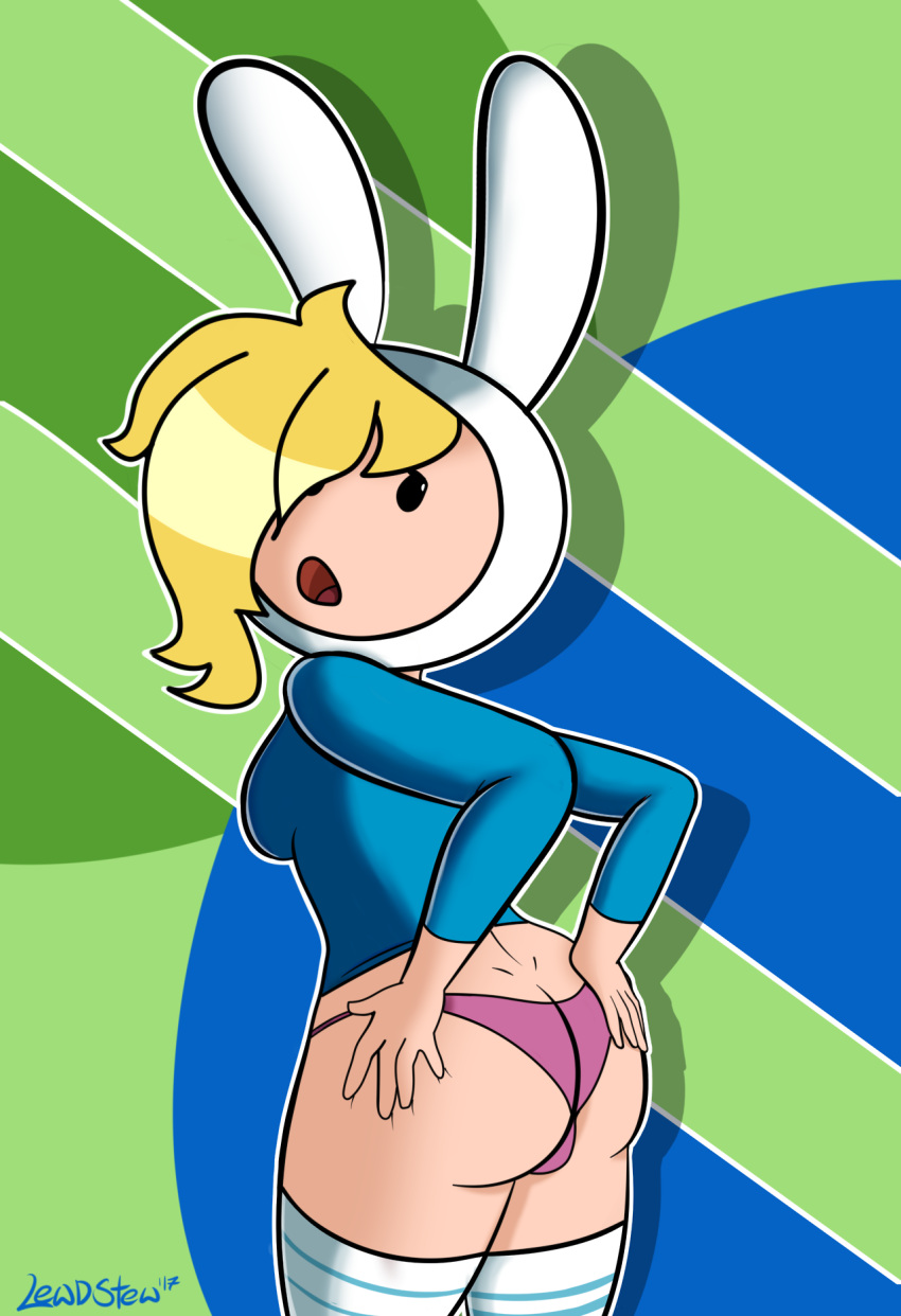 1girls adventure_time ass ass_cleavage big_ass black_eyes blue_shirt bottomless bottomless_female bunny_hat butt_crack cartoon_network edit fionna_the_human_girl hands_on_own_ass hat legwear lewdstew looking_back panties pink_panties shirt stewsspicyblog stockings striped_stockings superion123 superionnsfw tagme thick_thighs thighhighs