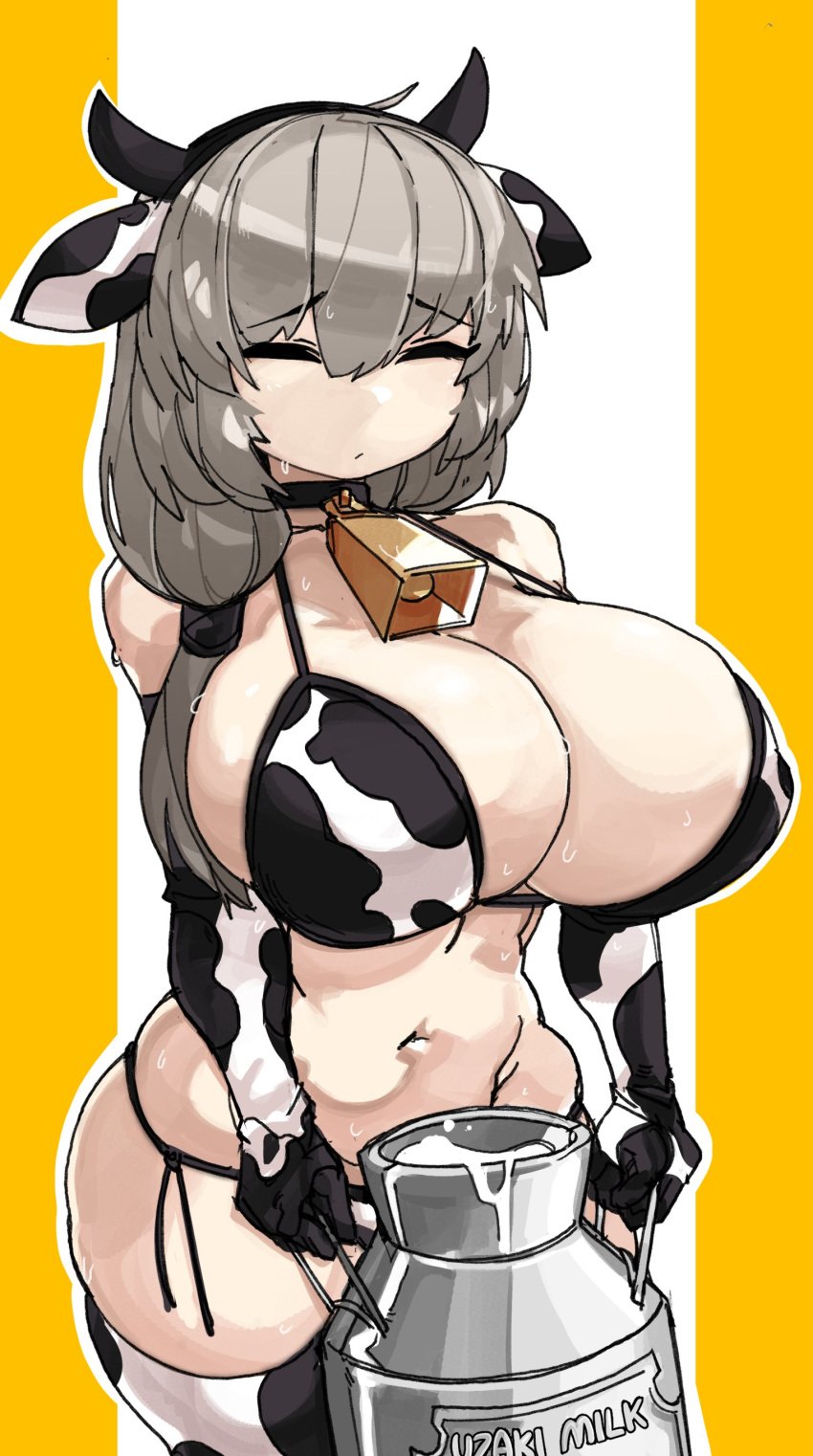 1girls armwear big_breasts bikini choker cleavage closed_eyes cow_bikini cow_ears cow_girl cow_girl_outfit cow_print cowbell eyebrows_visible_through_hair fake_horns female female_only grey_hair holding_object horns legwear medium_hair milk milk_tank navel sideboob solo solo_female sweat thick_thighs two_tone_background uzaki-chan_wa_asobitai! uzaki_tsuki very_high_resolution zanamaoria