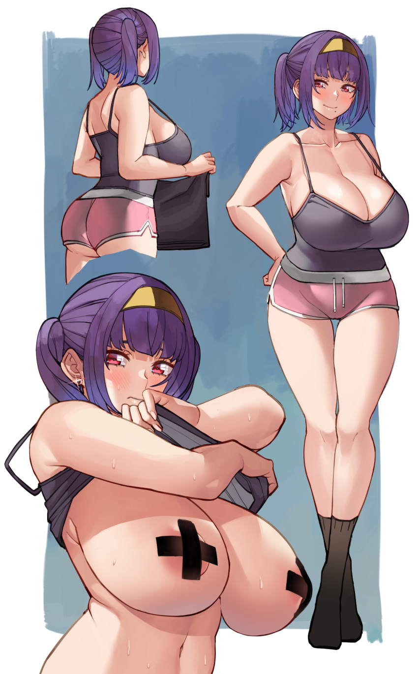 1girls areolae black_pasties blood_hood breasts cleavage cross_pasties ella_(blood_hood) female female_only large_breasts light-skinned_female nipples original original_character pasties purple_hair solo undressing