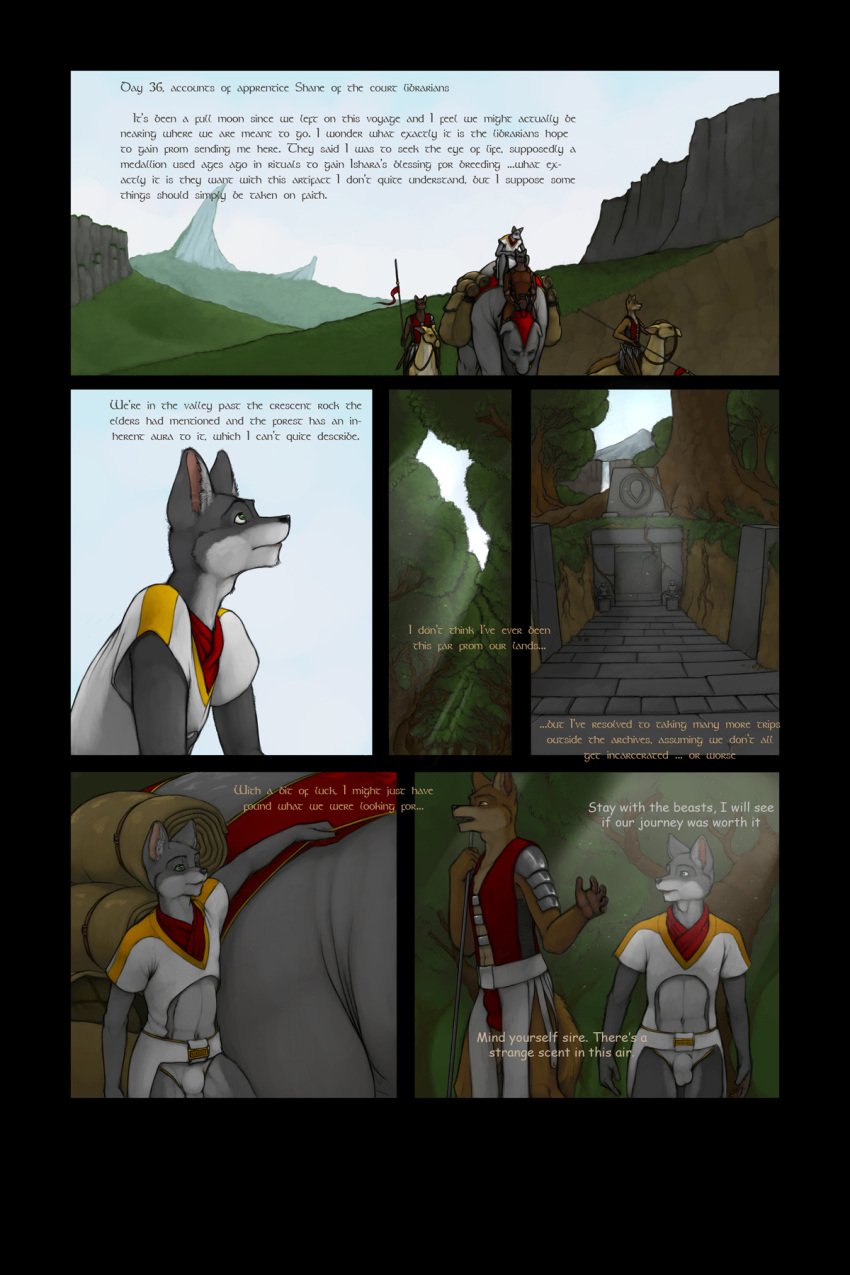 2:3 anthro armor black_nose brown_body brown_fur canid canine canis clothed clothing comic dialogue english_text feral forest fur green_eyes grey_body grey_fur group hi_res ipoke male mammal temple text tree valley wolf