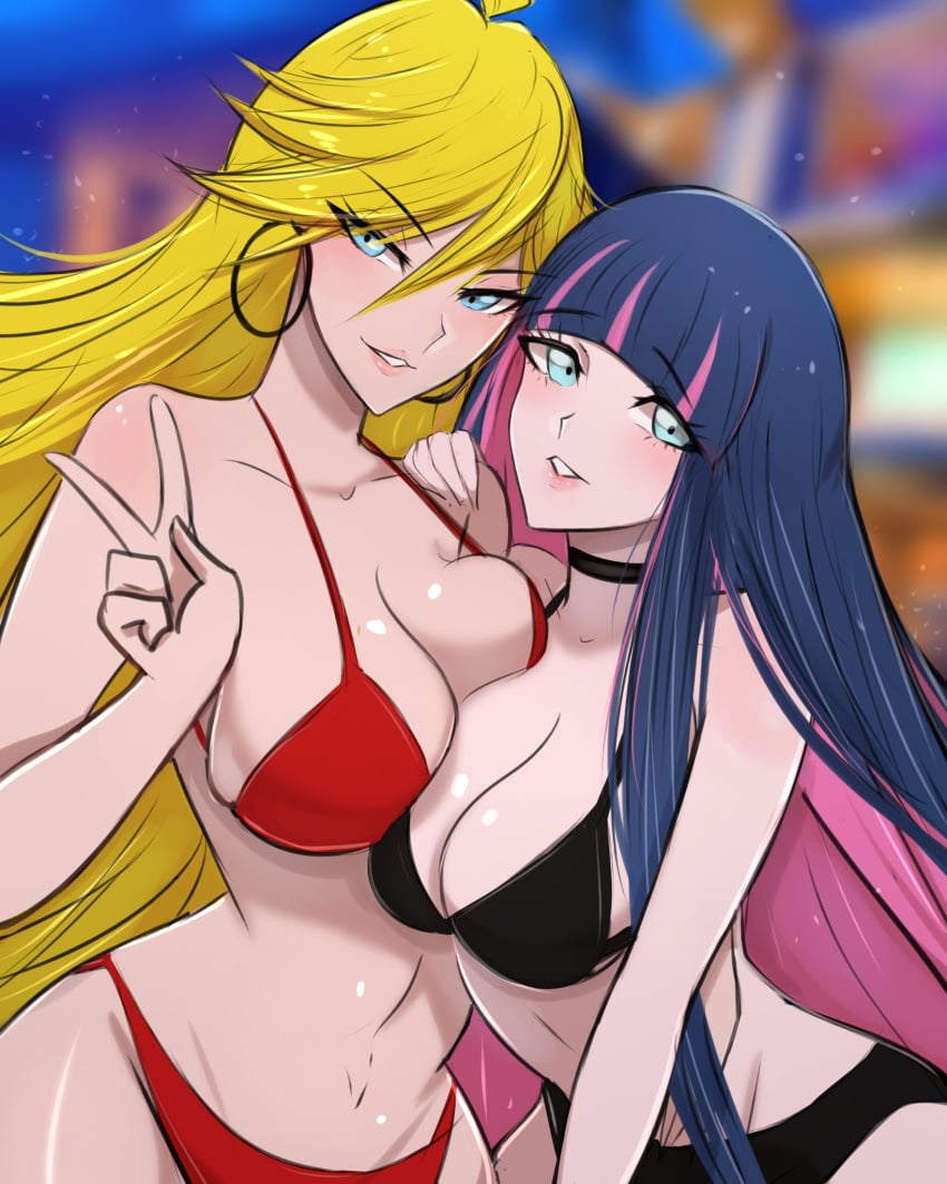 2girls ahoge angel bangs bare_shoulders big_breasts big_hair blonde_hair blue_eyes blue_hair blush bra breast_press breasts cleavage clothing collarbone curvy demon duo earrings eyebrows_visible_through_hair eyelashes eyes_visible_through_hair female female_only fringe hand_on_shoulder height_difference highres hips hoop_earrings humanoid jewelry large_breasts lips long_hair multicolored_hair omiza_somi panties panty_&_stocking_with_garterbelt panty_anarchy parted_lips peace_sign pink_hair revealing_clothes shiny_skin shoulder_grab sideboob sisters skimpy stocking_anarchy swept_bangs teeth two_tone_hair underwear voluptuous wide_hips