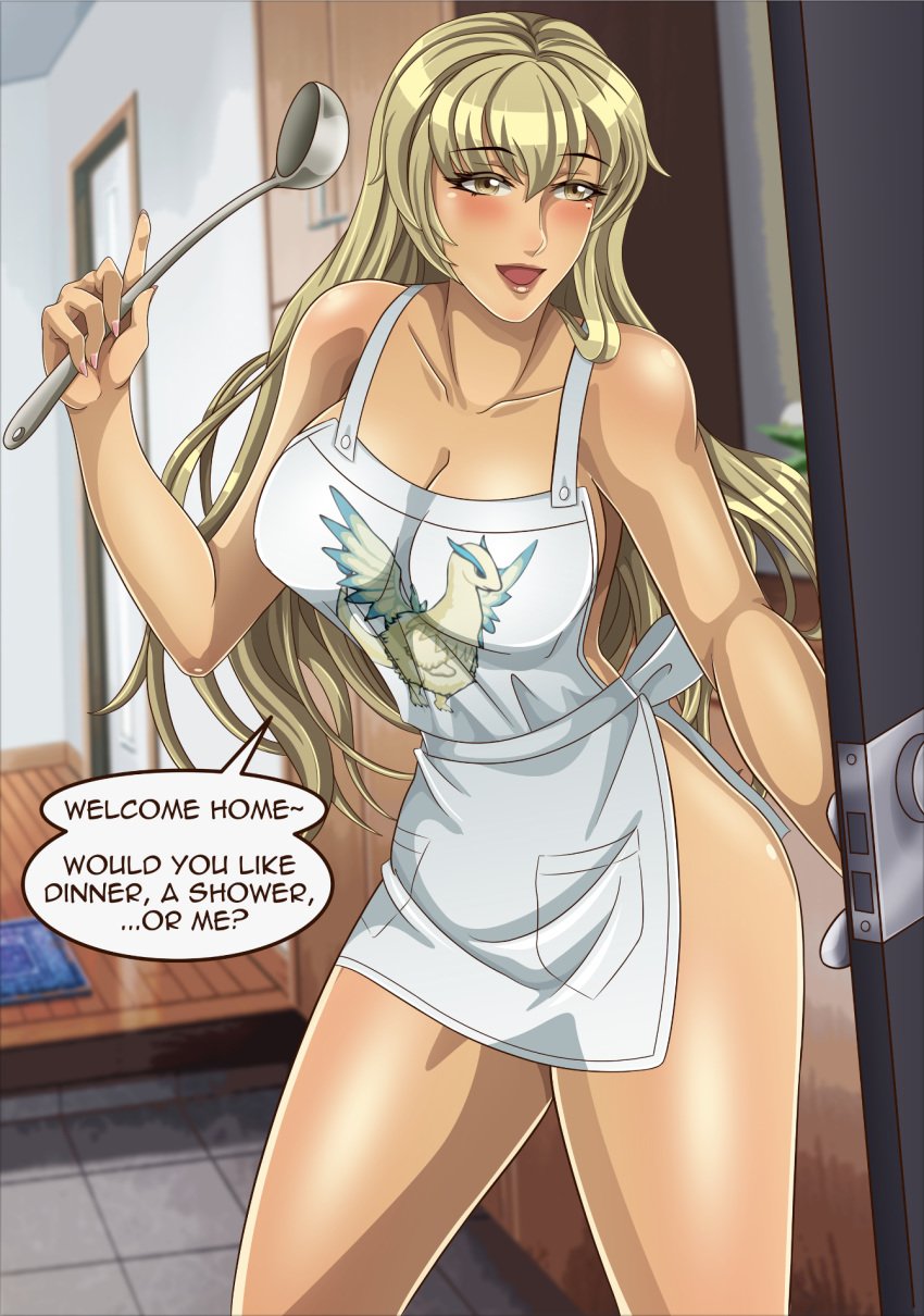 1girls apron big_breasts blonde_hair blush door english_text fae_(fire_emblem) female fire_emblem fire_emblem:_the_binding_blade housewife igrene_(fire_emblem) large_breasts leenvidia long_hair naked_apron nintendo open_mouth open_smile smile solo solo_female text yellow_eyes