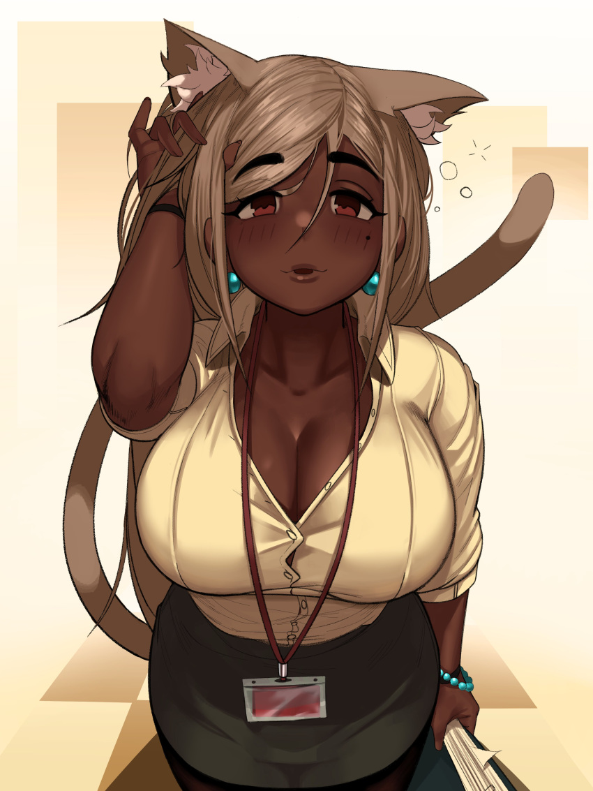 1girls animal_ears big_breasts blush breasts brown-haired_catgirl_(kevbot) cleavage clothed clothing dark-skinned_female dark_skin female female_only fully_clothed humanoid kemonomimi kevbot large_breasts looking_at_viewer mature_female milf miniskirt original solo