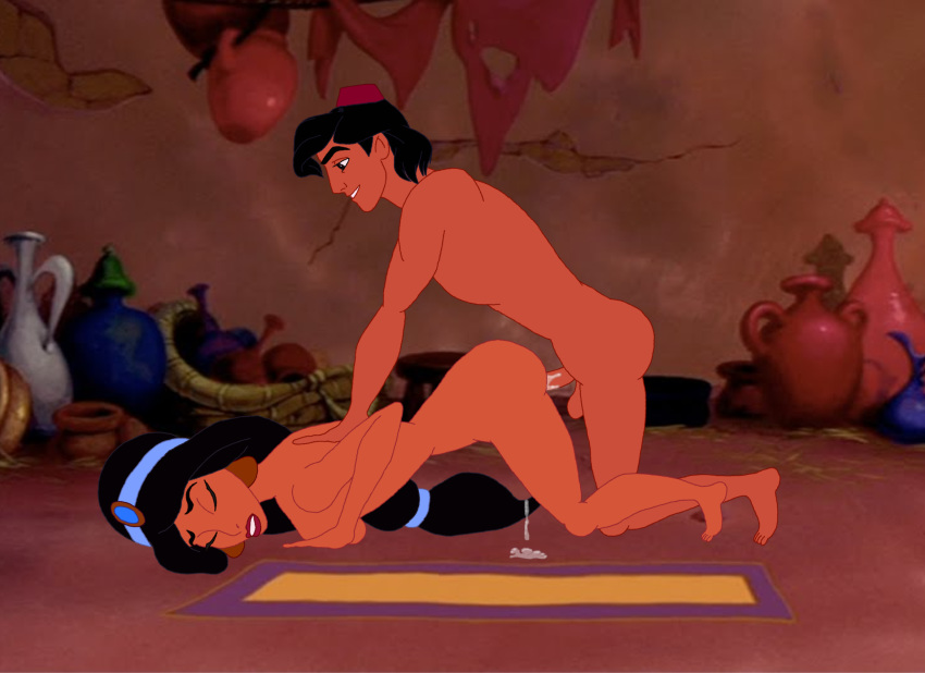 1001_nights aladdin aladdin_(character) arab arabian black_hair canon_couple diadem disney disney_princess doggy_style ejaculation ejaculation_while_penetrated female_orgasm fez from_behind from_behind_position happy happy_sex male_focus male_on_female middle_east middle_eastern middle_eastern_clothing middle_eastern_female middle_eastern_male nude nudity orgasm penis princess princess_jasmine sex straight straight_sex testicles vaginal_penetration