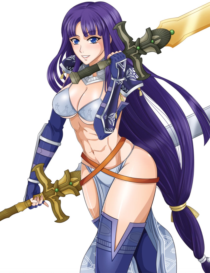 1girls abs alondite altina_(fire_emblem) bare_legs big_breasts bikini bikini_armor blue_eyes cleavage dual_wielding female fire_emblem fire_emblem:_radiant_dawn large_breasts leenvidia long_hair looking_at_viewer nintendo pelvic_curtain purple_hair ragnell_(fire_emblem) smile solo solo_female sword thighs very_long_hair weapon