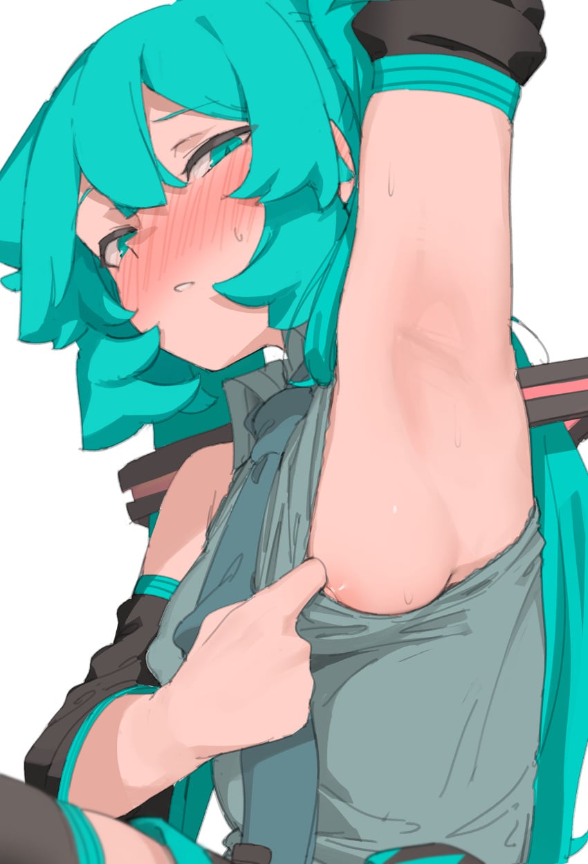 1girls abmayo armpits arms_up blue_eyes blue_hair blush hatsune_miku long_hair looking_at_viewer nipples no_bra partially_clothed presenting sideboob sweat twintails vocaloid