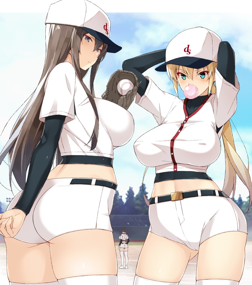 3girls aqua_eyes arm_behind_back arms_up ass astroguy2 bangs baseball_cap baseball_uniform belt belt_buckle black_hair blonde_hair blue_sky breasts brown_hair bubble_blowing buckle chewing_gum cloud day erect_nipples eyebrows_visible_through_hair female fence field frown grey_eyes hat high_resolution impossible_clothes large_breasts long_hair multiple_girls navel nipples original outdoors pine_tree ponytail shirt short_shorts shorts sideboob sky sportswear standing thighhighs thighs tied_hair tree white_legwear white_shirt