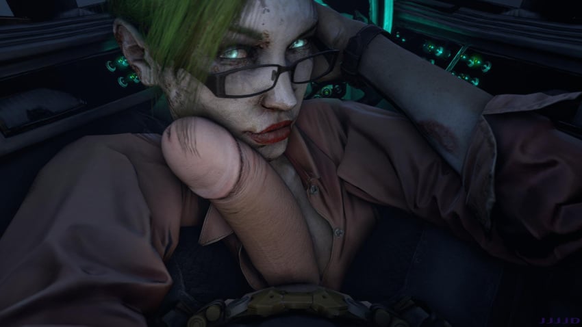 1boy 1girls 3d 3d_(artwork) batman batman:_arkham_knight batman_(series) big_penis bruce_wayne christina_bell clothed clothed_female clothed_male dc erect_penis eye_contact eyewear female female_focus glasses green_hair huge_cock jjjjd light-skinned_female light-skinned_male light_blue_eyes light_skin lipstick looking_at_viewer makeup male male_pov penis_on_face penis_out pov pov_eye_contact red_lipstick rocksteady_studios smile straight