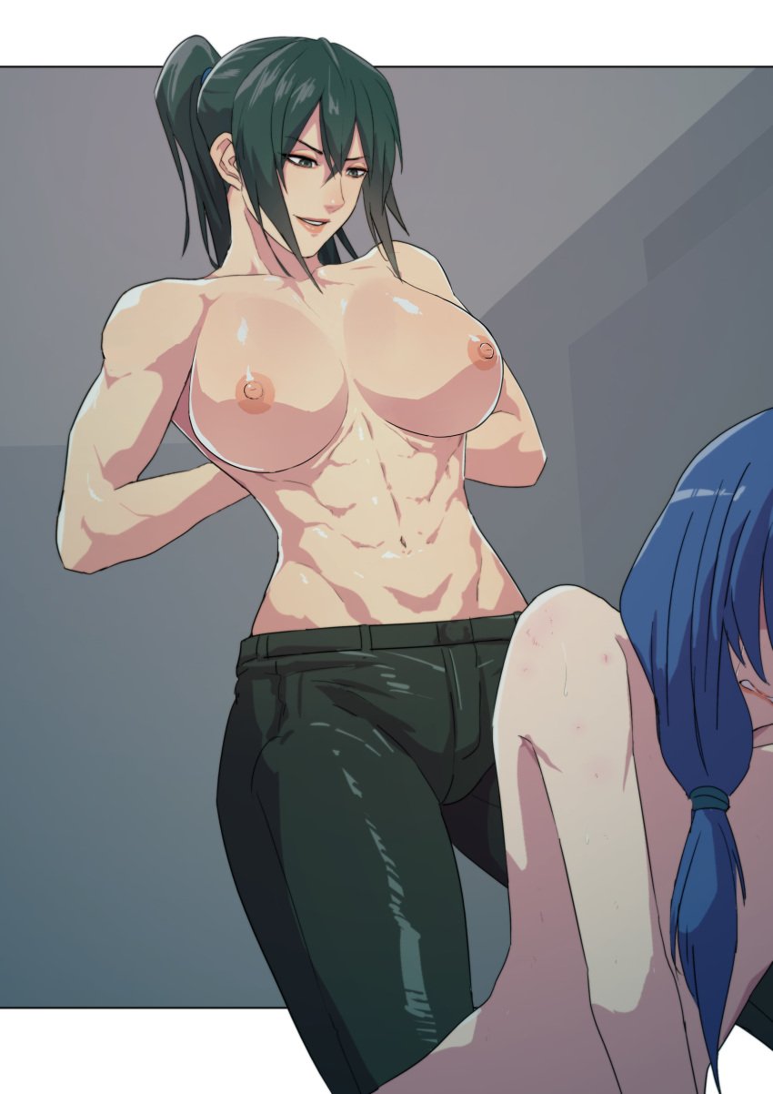 2girls abs absurdres biceps blue_hair breasts cirenk crying defeated green_eyes green_hair highres imminent_rape imminent_sex large_breasts long_hair looking_down multiple_girls muscle muscular_female nipples original pants ponytail smile tears underwear