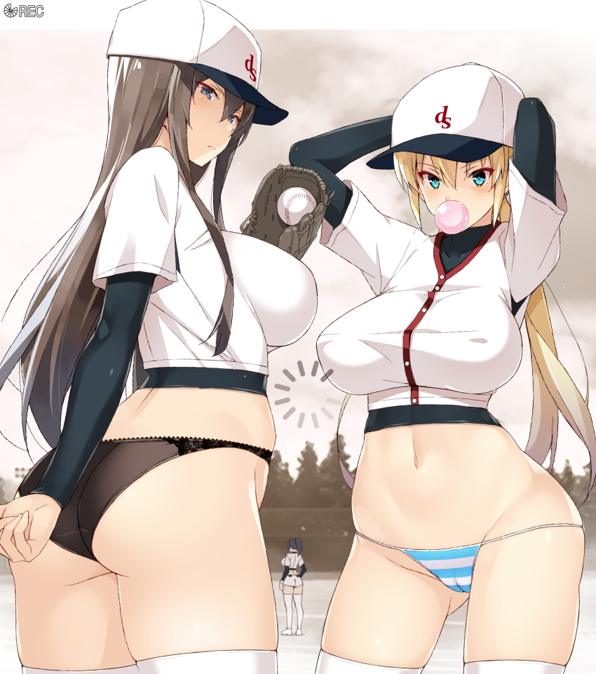 3girls aqua_eyes arm_behind_back arms_up ass astroguy2 bangs baseball_cap baseball_uniform belt belt_buckle black_hair blonde_hair blue_sky breasts brown_hair bubble_blowing buckle chewing_gum cloud day erect_nipples eyebrows_visible_through_hair female fence field frown grey_eyes hat high_resolution impossible_clothes large_breasts long_hair multiple_girls navel nipples original outdoors panties pine_tree ponytail shirt short_shorts shorts sideboob sky sportswear standing thighhighs thighs tied_hair tree white_legwear white_shirt