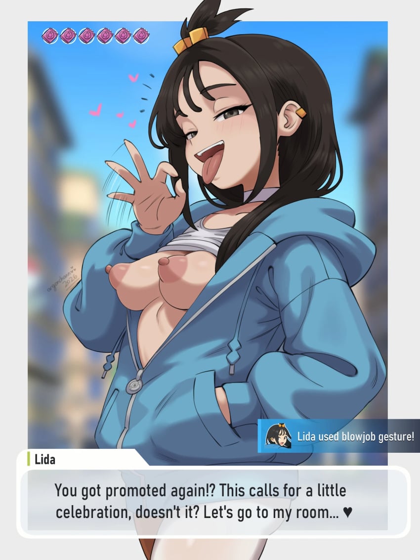 areolae argonchann black_hair blowjob_gesture blush blush_lines breasts breasts_out condoms duro_(pokemon) ear_cuff fellatio_gesture grey_eyes hand_in_pocket heart hoodie lida_(pokemon) long_hair long_sleeves nipples open_mouth outdoors pokemon pokemon_legends:_z-a puffy_nipples shirt shirt_up smile text text_box tongue tongue_out unzipped