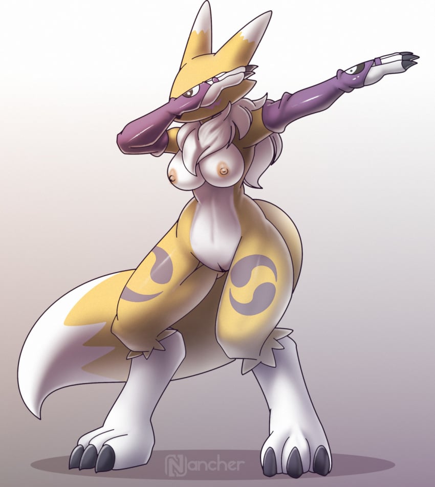 anthro armwear belly black_claws breasts bridal_gauntlets canid canine claws clothing dabbing digimon digimon_(species) female fingers fox fur genitals gloves handwear hi_res mammal markings meme mostly_nude nancher neck_tuft nipples purple_markings pussy renamon solo standing toe_claws tuft white_belly yellow_body yellow_fur