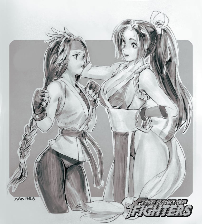 2018 2girls art_of_fighting artist_request bangs belt big_breasts bow braid breast_envy breast_size_difference breasts cheeks clothed dated eyebrows eyelashes fatal_fury female female_only gloves greyscale hand_on_another's_head hand_on_hip hands_up headband human jealous kunoichi light-skinned_female lips long_hair looking_at_another looking_at_breasts mai_shiranui monochrome muscular muscular_female signature size_difference snk spandex spandex_pants thick_thighs vambraces very_long_hair yuri_sakazaki