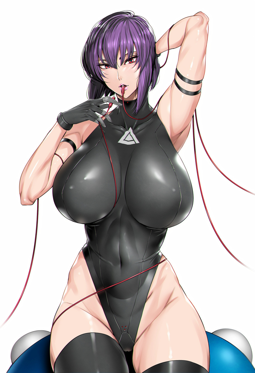 bare_arms bare_shoulders bodysuit breasts cable cyberpunk cyborg fei_(maidoll) female female_protagonist ghost_in_the_shell ghost_in_the_shell_sac_2045 gloves kusanagi_motoko large_breasts lips looking_at_viewer parted_lips purple_hair red_eyes science_fiction short_hair tachikoma thighhighs white_background