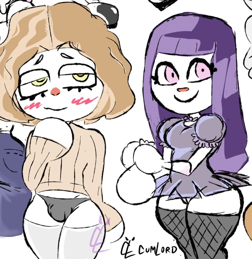 1boy 1girls animal_crossing blonde_hair both_sexes_in_same_situation bulge cumlord cumlord_(artist) dick duo exposed_pussy female femboy fishnets girly goth gothic half-closed_eyes just_coffee long_hair nintendo no_panties no_pants oc only_player penis_under_clothes purple_hair short_hair sketch thick_thighs thighhighs thighs timid trap villager_(animal_crossing) year_request