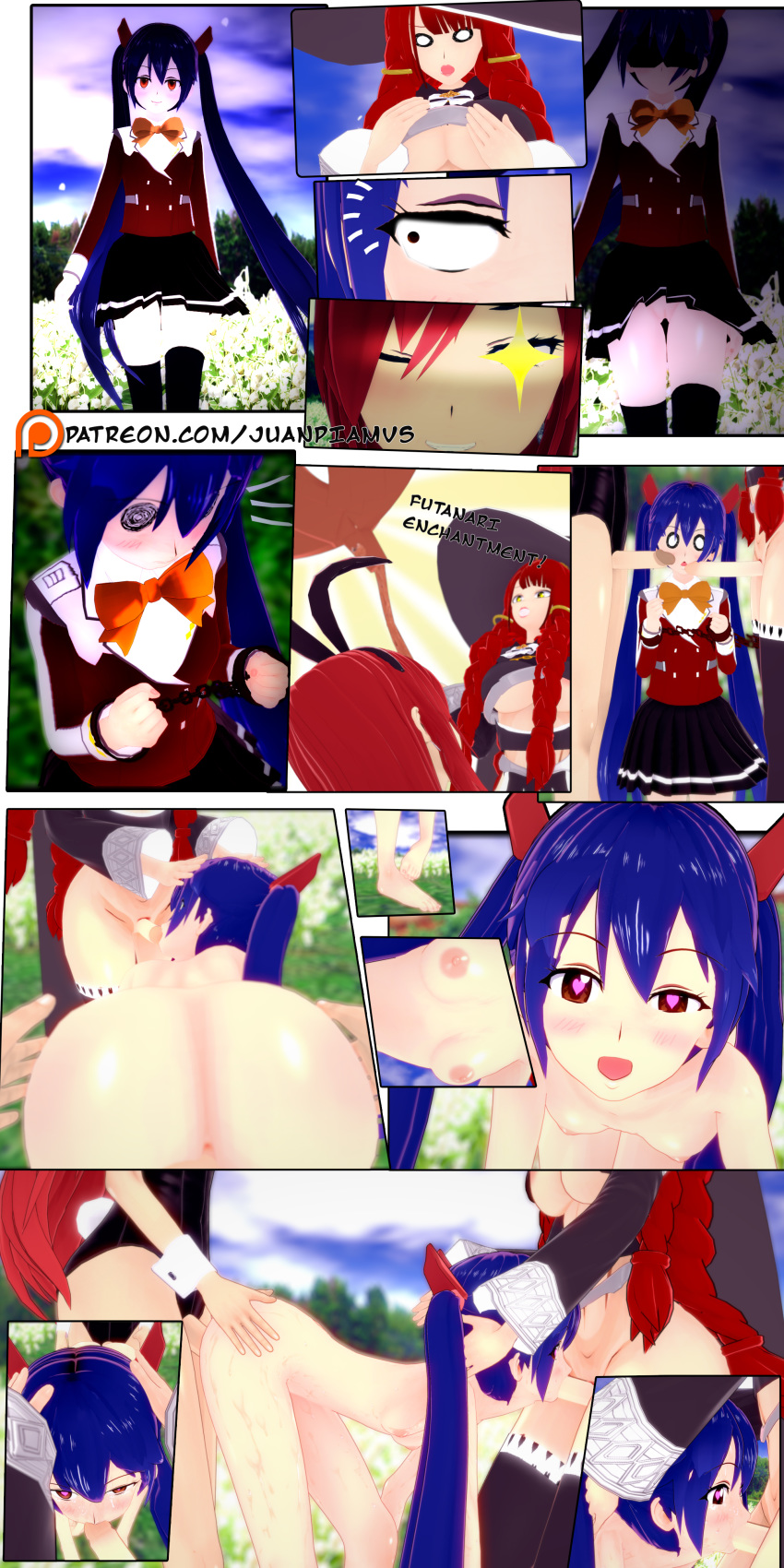 1girls 2futas blue_hair body_swap braided_hair breasts bunnysuit canon_body_swap canon_bodyswap deep_blowjob erza_scarlet fairy_tail fellatio female futanari irene_belserion juanpi_amvs long_hair mother_and_daughter oral penis red_hair small_breasts spitroast threesome throat_bulge twintails vaginal_penetration wendy_belserion wendy_marvell