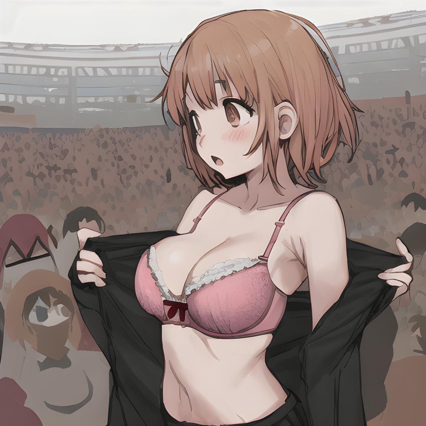 ai_generated big_breasts black_jacket black_shirt blushing bra brown_eyes brown_hair crowd embarrassed exhibitionism exhibitionist exposed_torso flashing flashing_breasts hypnotized medium_breasts pink_bra public short_hair stable_diffusion stadium stadium_background stripping taking_clothes_off taking_off_jacket taking_off_shirt thin_waist