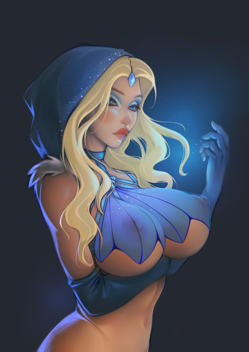 crystal_maiden dota_2 elbow_gloves female_only highres hood nipples pinup see-through_clothing sh1sha solo solo_female underboob