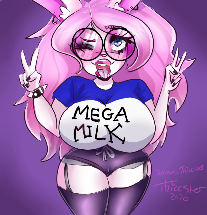 ahe_gao bending_over blue_eyes breasts bunny_ears eyeshadow glasses huge_breasts looking_at_viewer mega_milk oc original_character peace_sign piercings pink_hair punk shorts suspenders thiccster thiccster_bunny thigh_highs thighhighs tongue