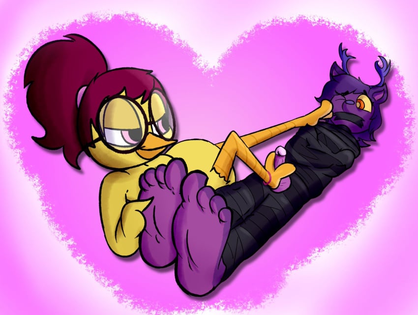 1boy1girl 2_toes 4_toes anatid animal_penis anseriform anthro avian baggy_(artist) baggy_(character) bird deer dominant dominant_female duck duo eyewear feather_hands feathers feet female femdom foot_fetish foot_focus foot_on_face foot_play footjob furry_only gag gagged glasses hatie heart hi_res male male/female malesub mammal no_humans sex smile smirk submissive submissive_male tape tape_gag tickling tickling_feet toes