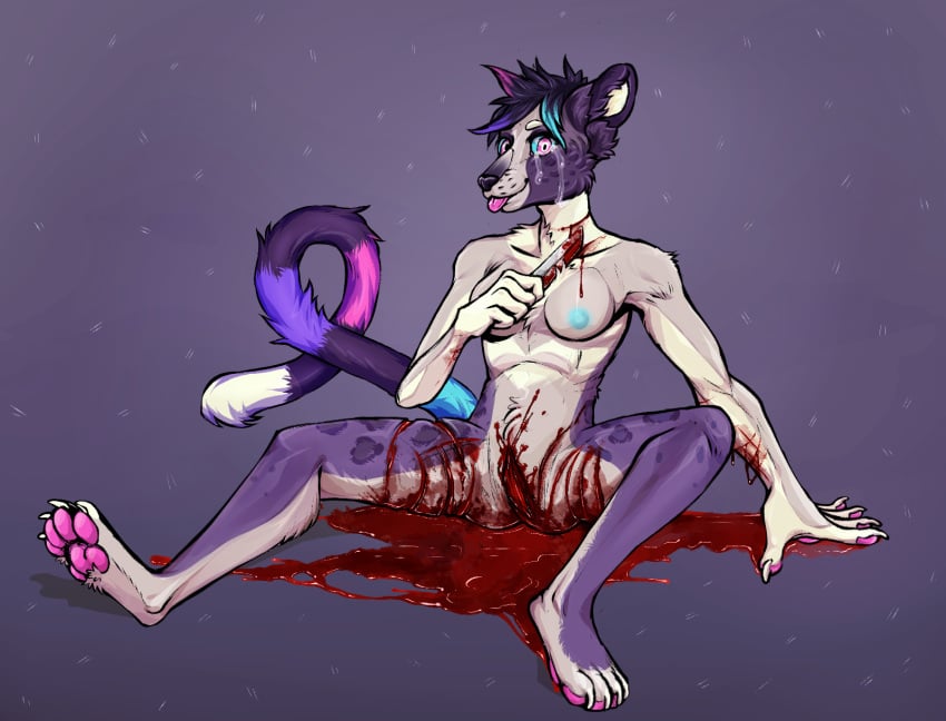 anthro blood blood_on_ground blood_on_weapon bodily_fluids breasts crying felid feline female food genitals gore hi_res knife kolkolukija mammal meat mutilation nipples pussy self_mutilation selfharm solo tears wounded