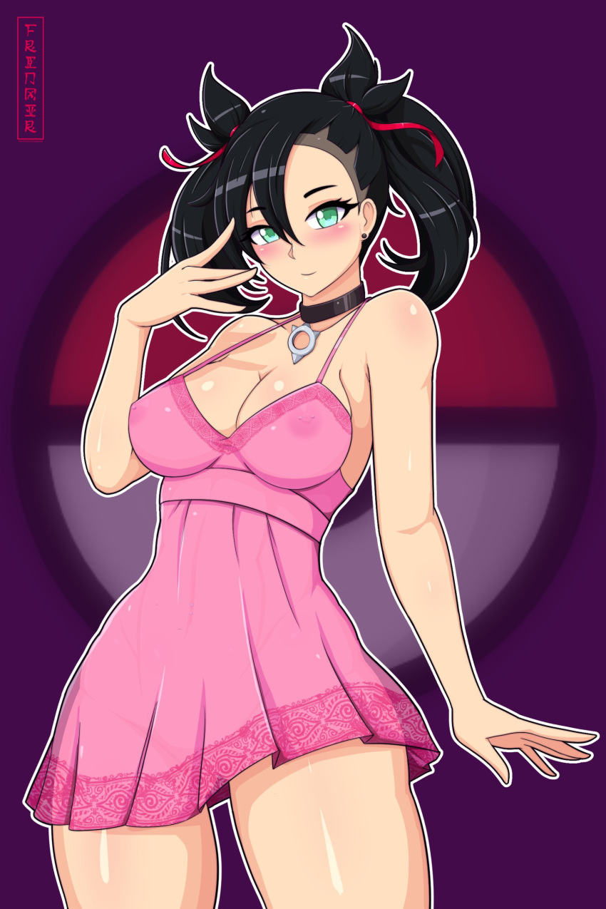 1girls black_hair blush choker dress earrings eye_contact female frenxir green_eyes hair_ribbon looking_at_viewer marnie_(pokemon) nintendo nipple_piercing nipples_visible_through_clothing pale-skinned_female pale_skin pink_dress pokemon pokemon_ss short_hair solo thick_thighs thighs transparent_clothing twintails