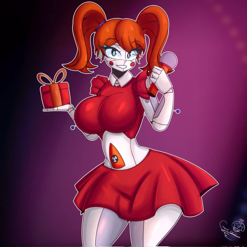 1girl 1girls 2022 2022s absurd_res animatronic animatronic_female artist_name artist_signature baby_(fnafsl) big_breasts breasts circus_baby circus_baby_(fnaf) clown clown_girl colored colorful colorful_background dress eyelashes female female_focus female_only five_nights_at_freddy&#039;s five_nights_at_freddy&#039;s:_sister_location five_nights_in_anime fnaf gift green_eyes hair hair_ribbon holding_gift holding_microphone looking_at_viewer microphone not_furry orange_hair orange_hair_female purple_ribbon red_skirt ribbons robot robot_girl scottgames sister_location skirt smile smiling smiling_at_viewer solo thick_thighs thighs tr_yithaz twintails white_body wide_hips