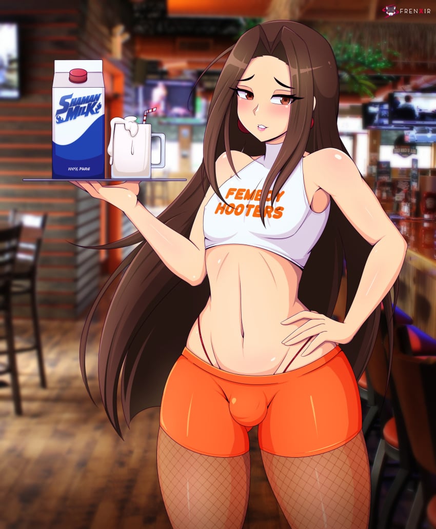 1boy androgynous asakura_hao balls blush brown_eyes brown_hair bulge clothing crossdressing femboy femboy_hooters flat_chest frenxir girly long_hair male male_only minishorts pale-skinned_male pale_skin pantyhose penis_bulge shaman_king shorts solo thong trap