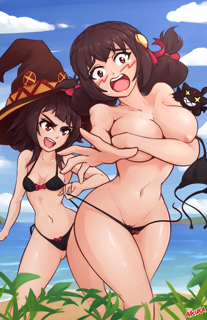 2girls aikuxa assisted_exposure big_breasts bikini breasts brown_hair chomusuke covering covering_breasts female female_only hat kono_subarashii_sekai_ni_shukufuku_wo! long_hair looking_at_viewer megumin multiple_girls nipple_slip open_mouth pussy red_eyes small_breasts stolen_bikini stolen_clothes stolen_swimsuit stripped topless twintails yunyun_(konosuba)