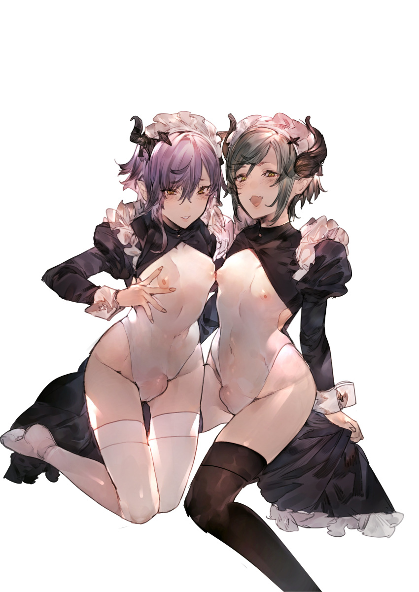 2boys absurdres bell bell_earrings black_legwear blush bulge covered_navel covered_nipples earrings erection erection_under_clothes eyebrows_visible_through_hair eyes_visible_through_hair fingernails frills green_eyes green_hair highres horns jewelry leotard maid_headdress male_focus mayutsuba_mono multiple_boys open_mouth orange_eyes original parted_lips pointy_ears puffy_sleeves purple_hair simple_background single_earring spread_nipple thighhighs white_background white_legwear white_leotard yaoi