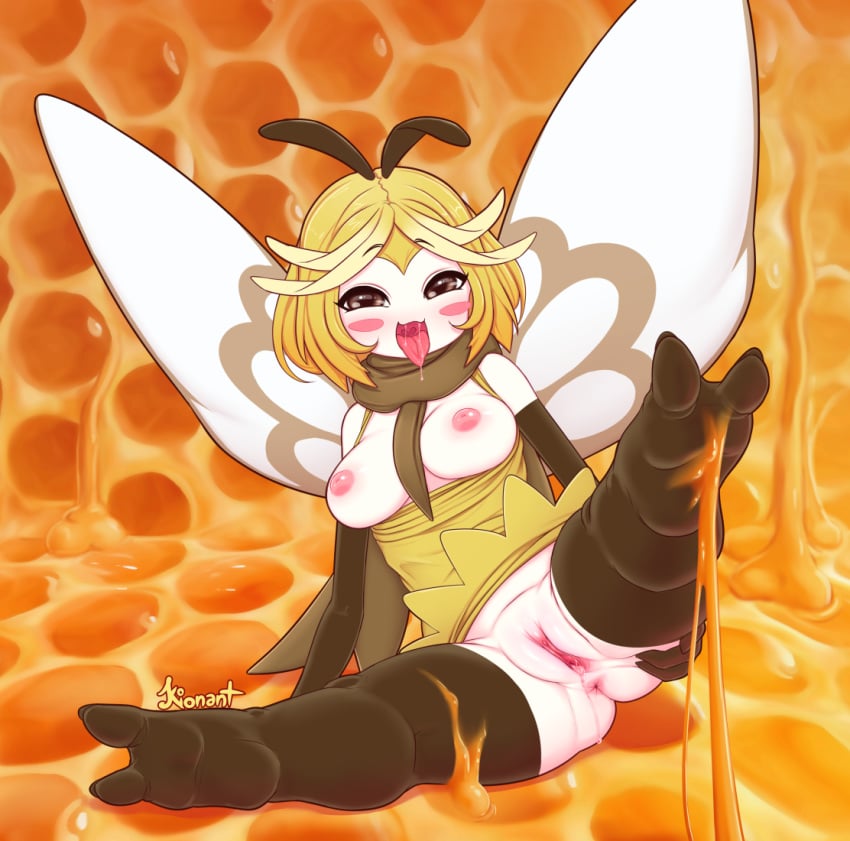 1girls anthro anthrofied bee big_breasts blush breasts brown_eyes clothing female female_only honey kionant looking_at_viewer open_mouth partially_clothed pokémon_(species) pokemon pussy ribombee saliva short_hair thighhighs tongue tongue_out yellow_hair