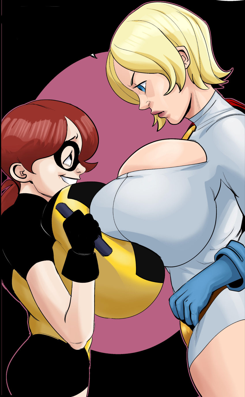 2girls asymmetrical_docking audrey_page big_breasts blonde_hair blue_eyes breast_press bursting_breasts clothing comic costume dc dc_comics edit golden_girl height_difference huge_breasts karen_starr mask multiple_girls nervous_smile ponytail power_girl red_hair smiling superheroine the_developing_adventures_of_golden_girl tits