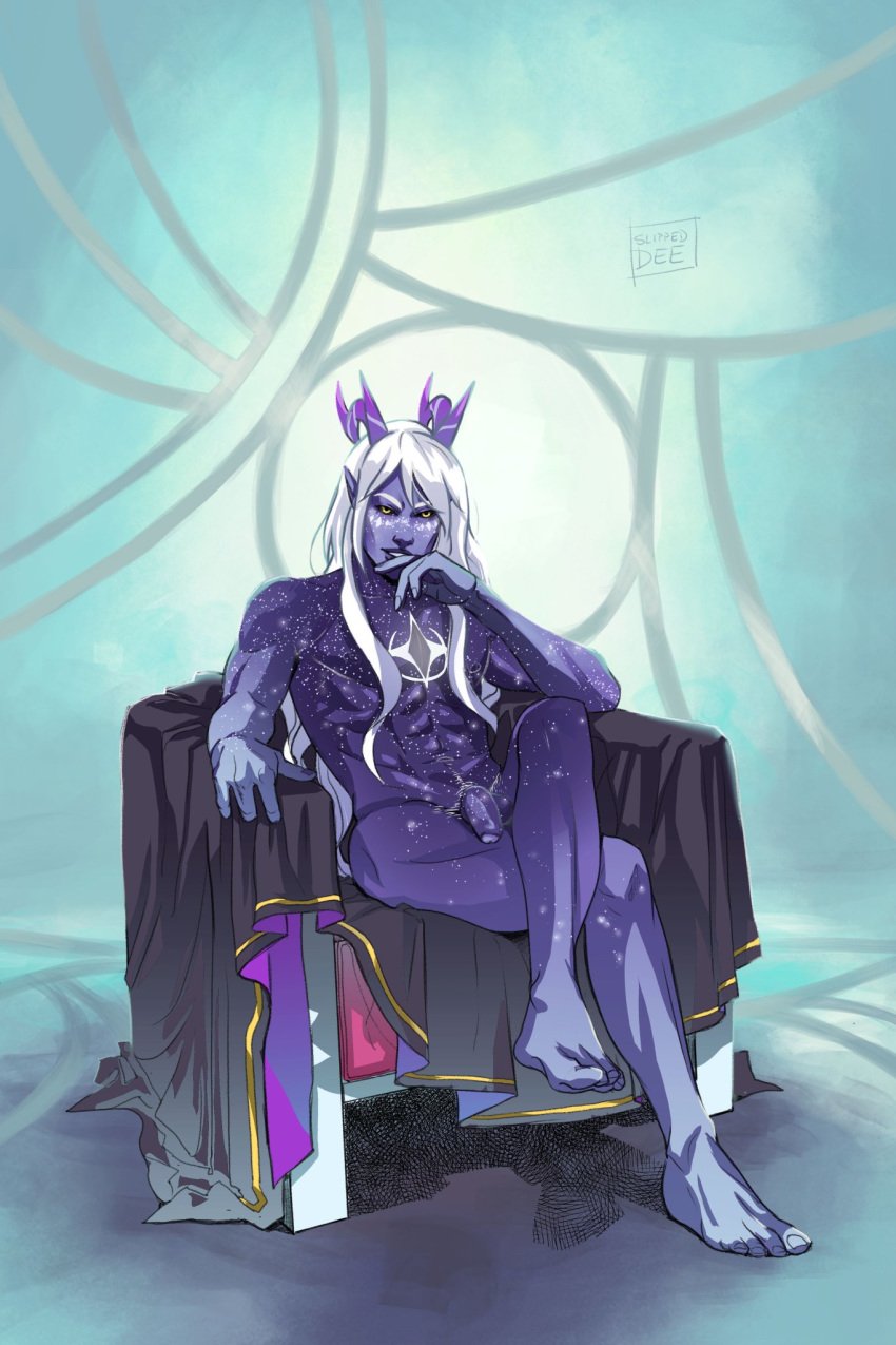 aaravos abs antlers artistic artistic_nude bare_chest barefoot bishonen dark-skinned_male dark_skin elf elf_ears horns long_hair long_hair_male looking_at_viewer male male_only nude_male penis pointy_ears purple_skin slipped_dee solo solo_male startouch_elf the_dragon_prince throne white_hair yellow_eyes