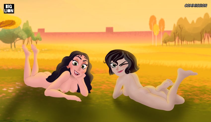 2girls ass barefoot big_lion black_hair breasts cassandra cassandra_(tangled) casual_nudity disney feet field laying_on_stomach medieval mother_and_daughter mother_gothel multiple_girls naked nipples nude nude_female soles tangled tangled:_the_series text toes