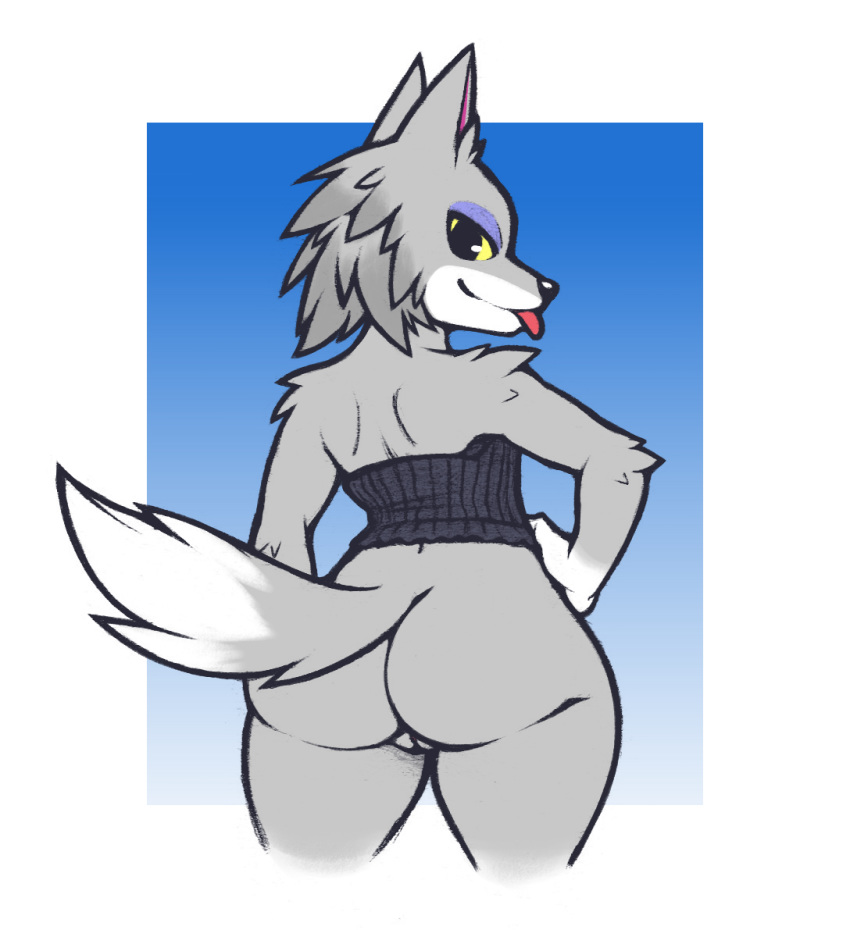 andromorph animal_crossing anthro ass big_ass big_butt border bottomless canid canine canis clothed clothing corset cuntboy cuntboy_focus dakkpasserida eyeshadow fang_(animal_crossing) fur furry furry_only genitals gradient_background grey_body grey_fur hand_on_hip intersex inviting lingerie looking_back makeup mammal mostly_nude naked nintendo nude portrait pussy rear_view rule_63 simple_background smile solo solo_focus tail thick_thighs three-quarter_portrait tongue tongue_out topwear video_games white_border wide_hips wolf yellow_sclera