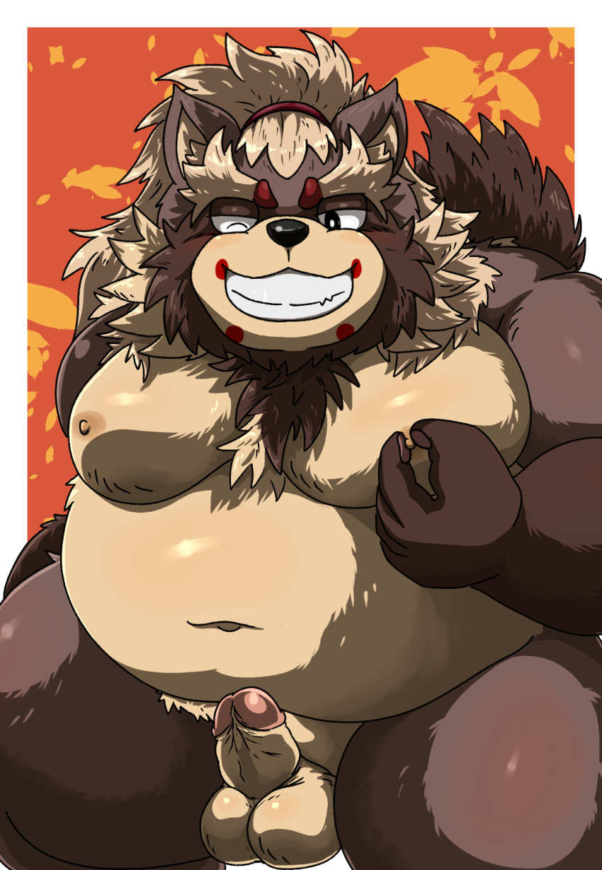 2020 anthro balls belly black_nose brown_body brown_fur canid canine erection fur genitals goemon_(tokyo_afterschool_summoners) hi_res humanoid_hands kemono male male_only mammal moobs navel nipples one_eye_closed overweight overweight_anthro overweight_male penis raccoon_dog solo tanuki tokyo_afterschool_summoners video_games wink yamatoji201