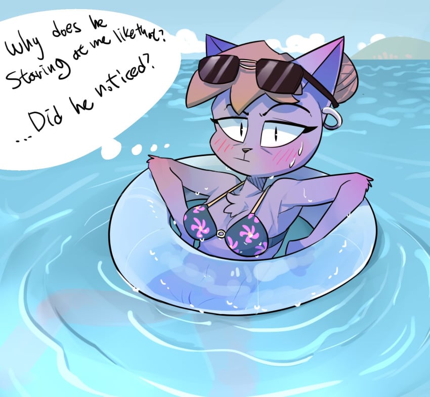 anthro beach bikini blush bodily_fluids bottomless catmom_(character) clothed clothing domestic_cat eyewear felid feline felis female genitals hi_res inflatable inner_tube mammal passigcamel pussy sea seaside solo speech_bubble sunglasses sweat swimwear text water