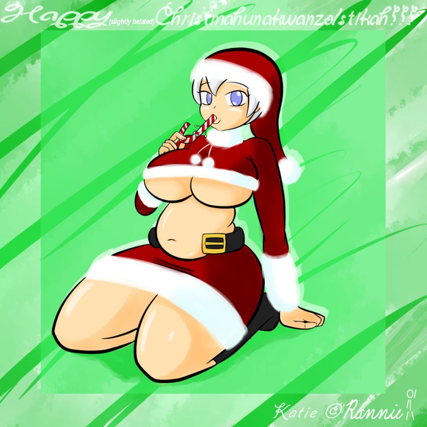 blue_eyes boots breasts breasts breasts candy_cane chubby konekoryu santa_costume santa_dress santa_hat thick_thighs thighs underboob white_hair