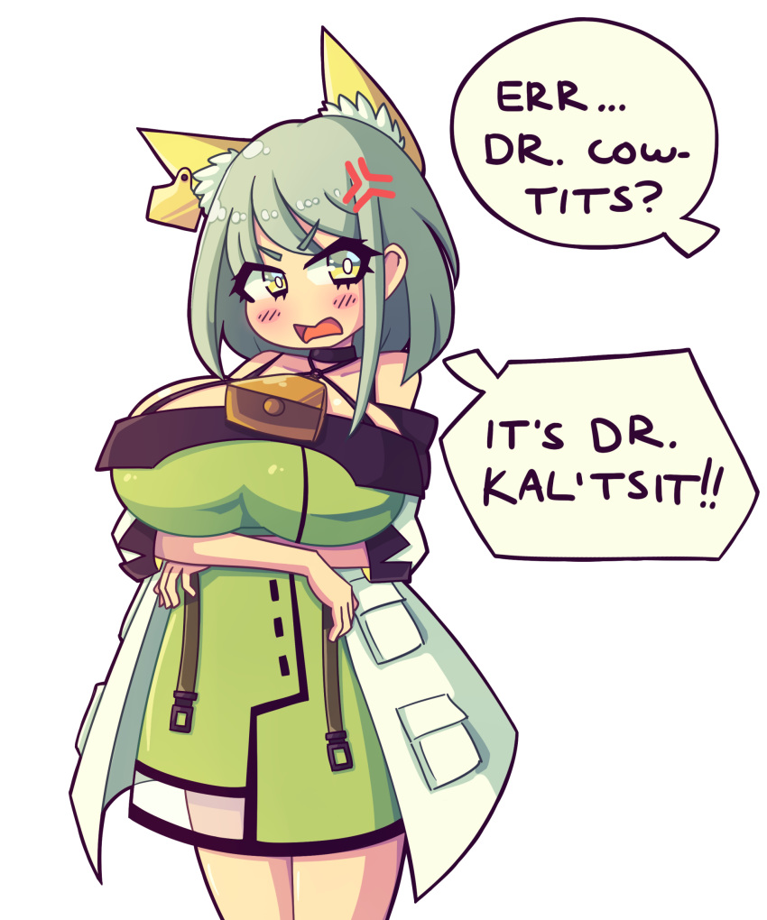 1girls anger_vein angry animal_ears arknights blush blushing busty cat_ears cleavage clothed cowbell daigada dialogue english_text female green_dress green_eyes green_hair huge_breasts j5daigada kal'tsit_(arknights) labcoat large_breasts offended talking text